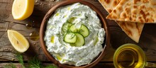 Greek Tzatziki Dip With Cucumber, Sour Cream, Greek Yogurt, Lemon Juice, Olive Oil, Dill Weed, And Toasted Pita Bread, Top View Or Flat Lay.