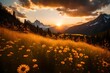 Picture a golden sunset casting a warm glow over a peaceful meadow, where wildflowers sway in the breeze, and a distant mountain range adds to the serene backdrop