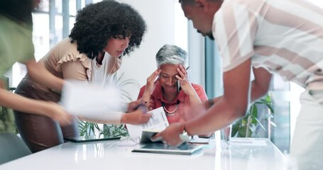 Canvas Print - Senior, woman and headache in stress, overworked or anxiety for mental health, pressure or burnout. Frustrated female person or manager in time lapse with colleagues, documents and workload on table