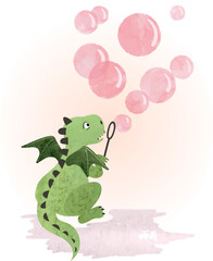 Wall Mural - Cute cartoon dragon blowing soap bubbles. Vector watercolor illustration. Baby print