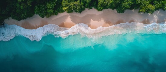 Wall Mural - Aerial drone shot of a stunning sand beach with turquoise water, offering space for text.