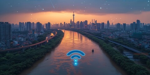 Poster - Envisioning the Future of Water Conservation: A Digital Hologram of a Water Drop Amidst an Urban Cityscape, Generative AI