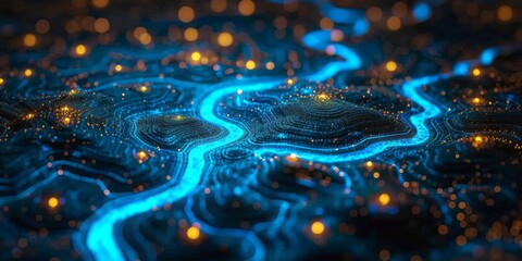 Poster - Electronic Lifelines: Visualizing the Energetic Flow of Data through a Futuristic Circuitry Landscape, Generative AI