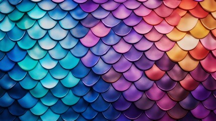 Wall Mural - Colorful fish scale textured background in vibrant gradient colors.. Concepts of fantasy textures, iridescence, mermaid tail, rainbow backdrop, vibrant patterns