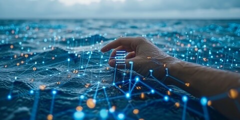 Fototapete - Blending Nature and Technology: A Hand Interacts with a Bioluminescent Digital Network in the Oceans Depths, Generative AI