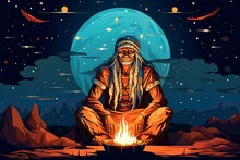 Illustrated Native American Elderly Shaman With Ceremonial Headdress By Fire Under The Night Sky. Tribal Leader. Concept Of Indigenous Culture, Traditional Ritual, Native Attire, Spiritual Ceremony