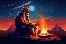 Illustrated Indigenous Elder In Traditional Attire Performing Ritual By Fire At Night. Native American Shaman. Concept Of Indigenous Culture, Traditional Ritual, Native Attire, Spiritual Ceremony