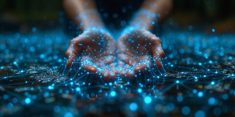 Fototapete - Blending Nature and Technology: A Hand Interacts with a Bioluminescent Digital Network in the Oceans Depths, Generative AI