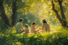 Family Picnic In A Lush Green Park Enjoying A Sunny Day Together. AI Generated