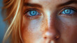 Advertisment shot of a beautiful woman with freckles, blue eyes and blond hair. AI generated