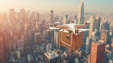 3d Rendering Delivery Drone Flying With Cityscape Background