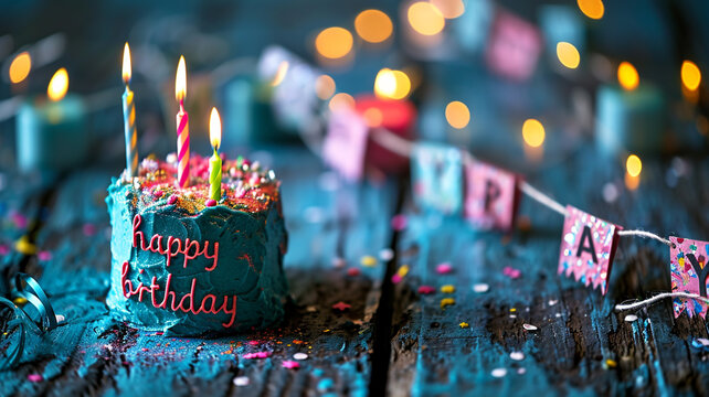 happy birthday text banner poster greeting card copy space background cake balloons party celebration, congratulating, present colours funny enjoy blessings holiday gift.