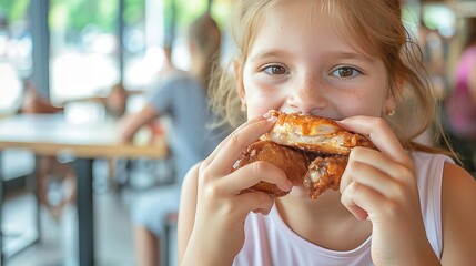 happy preteen enjoying chicken wings in a restaurant with blurred background and copy space