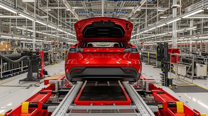Poster - futuristic factory engineer, car assembly line, auto industry technology, technician at auto frame