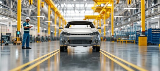 Poster - automotive engineer working on assembly line in futuristic car manufacturing factory