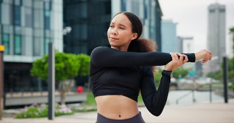 Canvas Print - Fitness, stretching and woman in city street for body, warm up or marathon training, run or morning cardio. Exercise, workout or person with arm stretch outdoor for running, performance or challenge