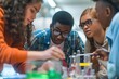 A diverse group of students engaged in a hands-on science experiment, working collaboratively in a lab setting..