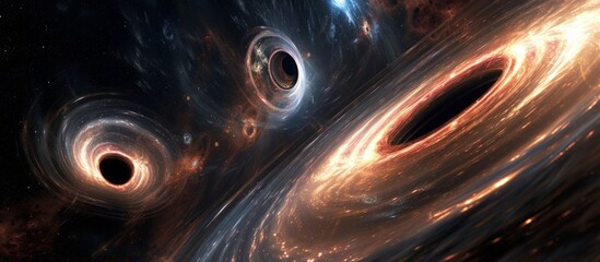 Canvas Print - Black holes merging, emitting gravity, bending spacetime, event horizon in deep space.