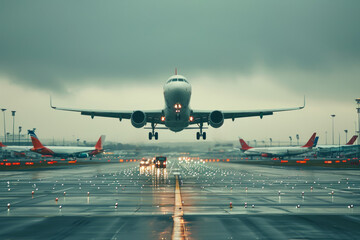 commercial airliner taking off from a busy airport. There are other planes on the tarmac, and the sky is overcast