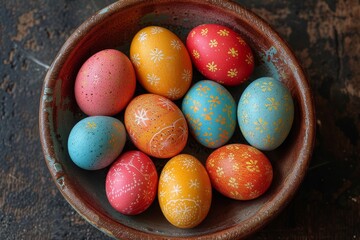 Wall Mural - A festive bowl brimming with vibrant, hand-painted easter eggs evokes the joy of springtime and the artistry of egg decorating