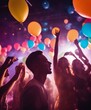 © abu - silhouette of young people having fun in a night club, colored lights, colorful balloons flying, smoky palce