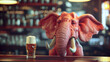 Pink elephant with beer in restaurant - alcoholism, alcohol psychosis concept