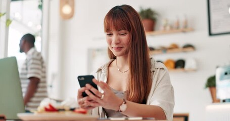 Aufkleber - Cafe, phone and happy woman typing for remote work, social media or reading email notification. Smartphone, smile and person in restaurant, freelancer or scroll on mobile app for communication online