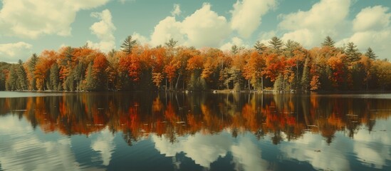 Sticker - Vintage film aesthetic landscape featuring autumn trees on lakeshore, with water reflections and white clouds above.