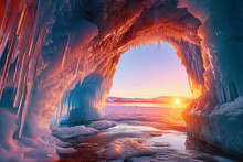 Icicles In Cave On Lake At Sunset