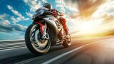 Fototapeta  - Motorcycle. Professional motorbike rider, riding with high speed on the way road. Way. Concept of motosport, speed, hobby, journey, activity. Sport
