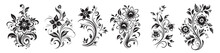 Black And White Vector Set Of Flower Shilouette Ornaments, Nature Plants Vector Floral Frames