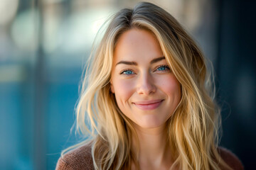 Wall Mural - Portrait of smiling very attractive Swedish woman with blonde hair and blue eyes