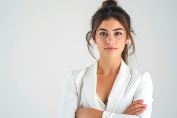 Wall Mural - Photo of a confident businesswoman in a white suit shirt with her arms folded. On a white background, a studio photography for ads