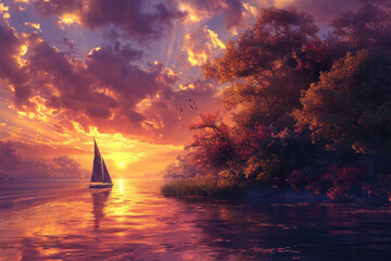 Wall Mural - person sailing a boat on a river at sunset