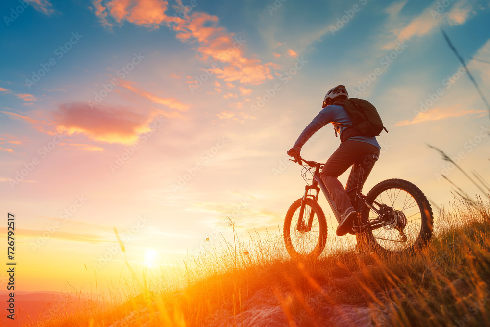 Man riding electric bike in sunset. New type of recreation for all ...