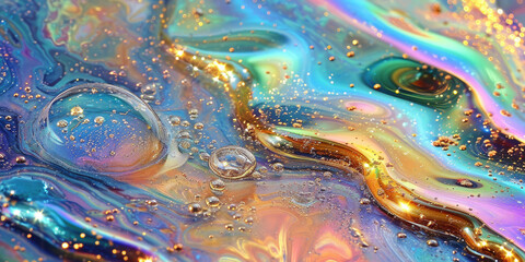 Poster - a rainbow color liquid,closeup of colorful liquid substance with glitter suitable for party decorati
