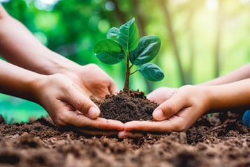 Tree planting on volunteer family's hands for eco friendly and corporate social responsibility campaign concept