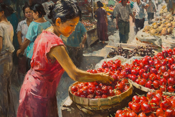 Wall Mural - woman buying cherries from a street vendor in a crowded market. The vendor is wearing a red shirt, and there are other vendors selling goods nearby