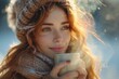 A stylish woman braves the winter chill, holding a warm cup of coffee in her gloved hand as her face radiates contentment in this stunning outdoor portrait