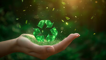 Green Recycling Symbol, In Hand, Glowing Green Background, Care For The Environment.