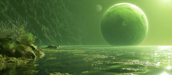 Canvas Print - illustration of a 3d exoplanet, hosting plant life and surface water, alongside a moon, all depicted