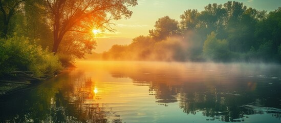 Sticker - The river reflects the sun, trees, and mists of a morning.