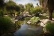 A peaceful oasis with abundant vegetation and a flowing stream, offering respite from the desert's scorching temperatures. Generative AI