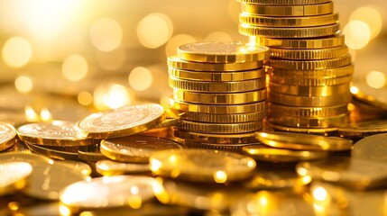 Fototapete - Pile of gold coins money stack in finance treasury deposit bank account saving . Concept of corporate business economy and financial growth by investment in valuable asset to gain cash : Generative AI