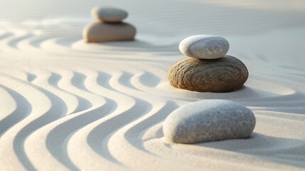 Zen Stones With Lines On Sand - Spa Therapy - Purity harmony And Balance Concept : Generative AI