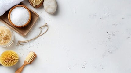 Poster - Spa treatment concept. Natural spa products, sea salt, sea stone, massage brush, towel on white textured background from above. Spa background with a space for a text, flat lay, top vi : Generative AI