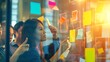 © Generative AI - Group of business people brainstorming with sticky notes on glass window : Generative AI