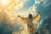 Jesus Christ Ascending To Heaven Amidst Radiant Skies, Illustrating The Concept Of God, Heaven, And Second Coming Generative Ai