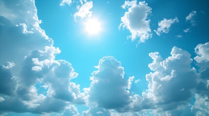 Poster - Blue sky and white clouds floated in the sky on a clear day with warm sunshine combined with cool breeze blowing against the body resulting in a miraculous refreshing like paradise. : Generative AI