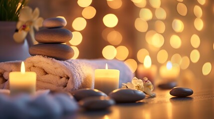Aufkleber - Spa resort therapy composition. Burning candles, stones, towel, abstract lights : Generative AI